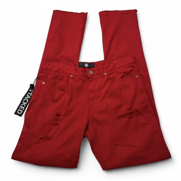 Jordan Craig Mens Martin Stacked Jeans 36 Red Distressed Stretch Skinny Frayed - Picture 1 of 14